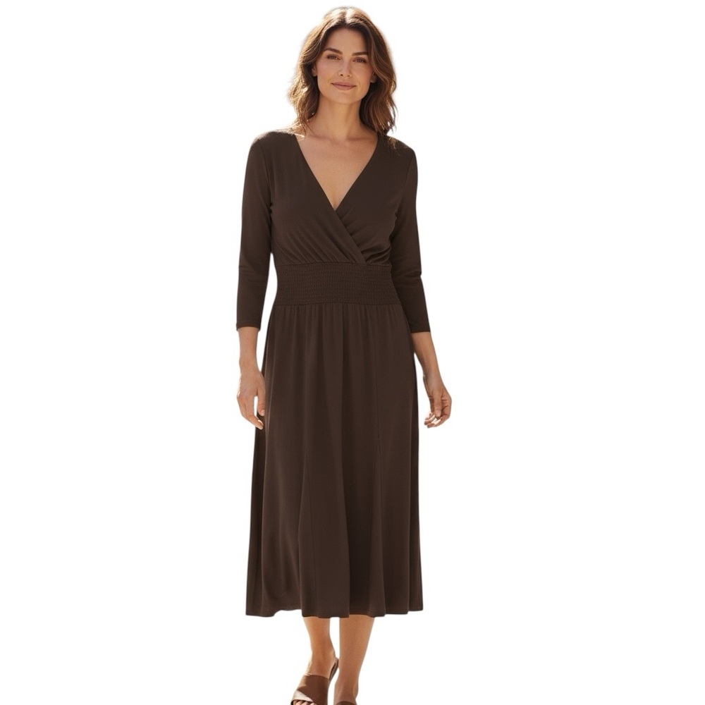 Rabbit Rabbit Slimming Design Brown Umpire Waist V Neck Swing Skirt Dress 12 - Picture 3 of 11